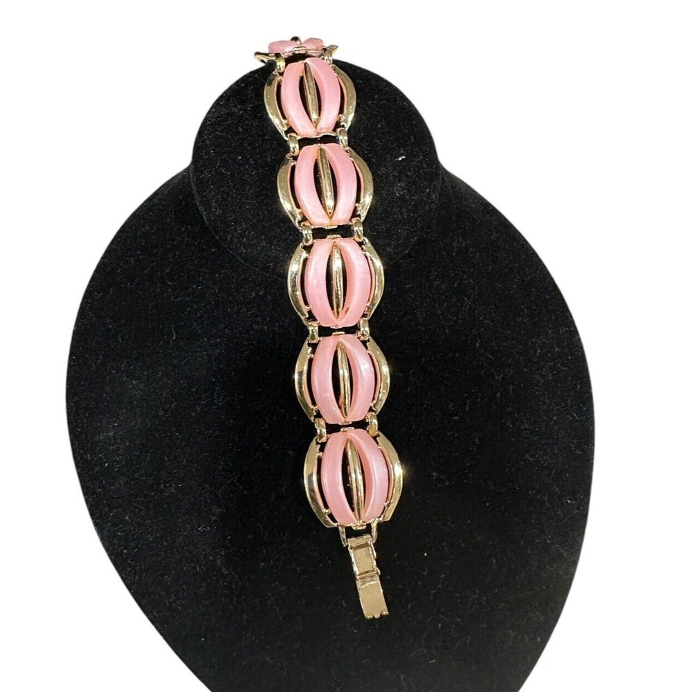 Vintage MCM Pink Thermoset  Bracelet Plastic & Gold  Tone‎ Link Bracelet 6.75"